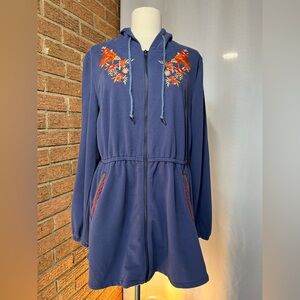Solitaire Anthropologie blue floral embroidered hooded tunic jacket xL